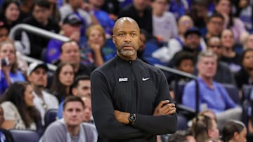 Apr 8, 2025; Orlando, Florida, USA; Orlando Magic head coach Jamahl Mosley looks on during the second quarter against the Atlanta Hawks at Kia Center. Mandatory Credit: Mike Watters-Imagn Images