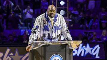 Feb 13, 2024; Orlando, Florida, USA;  Shaquille O'Neal during a post game ceremony where the Orlando Magic retired his #32 jersey at Amway Center. Mandatory Credit: Mike Watters-Imagn Images