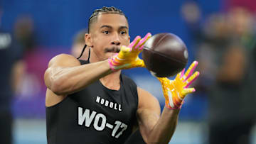 Mar 2, 2024; Indianapolis, IN, USA; Washington wide receiver Jalen McMillan (WO17) during the 2024 NFL Combine at Lucas Oil Stadium. Mandatory Credit: Kirby Lee-Imagn Images