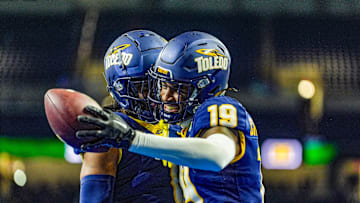 Toledo Rockets wide receiver Terrell Crosby Jr. (19) celebrates his touchdown during the one of the six overtimes of the 2024 GameAbove Sports Bowl at Ford Field in Detroit, on Thursday, Dec. 26, 2024. Toledo won.
