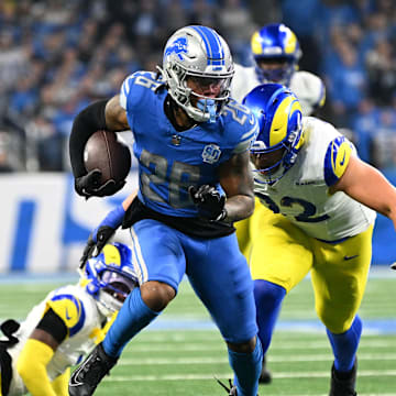 Detroit Lions running back Jahmyr Gibbs (26).