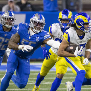 Los Angeles Rams wide receiver Puka Nacua (17) runs against Detroit Lions linebacker Derrick Barnes (55).