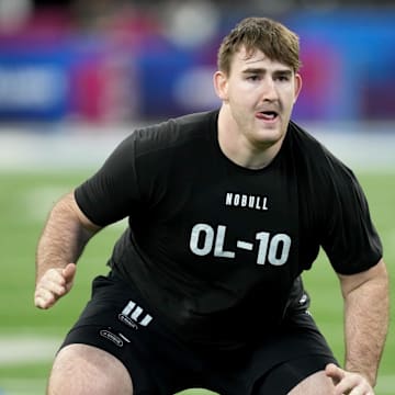 Mar 5, 2023; Indianapolis, IN, USA; Mississippi offensive lineman Nick Broeker (OL10) during the NFL Scouting Combine at Lucas Oil Stadium. Mandatory Credit: Kirby Lee-Imagn Images