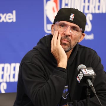 May 30, 2024; Minneapolis, Minnesota, USA; Dallas Mavericks head coach Jason Kidd at a press conference before game five of the western conference finals for the 2024 NBA playoffs against the Minnesota Timberwolves at Target Center. Mandatory Credit: Jesse Johnson-USA TODAY Sports