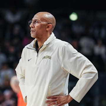 Mar 5, 2025; Orlando, Florida, USA; UCF Knights head coach Johnny Dawkins looks on during the first half against the Oklahoma State Cowboys at Addition Financial Arena. Mandatory Credit: Mike Watters-Imagn Images
