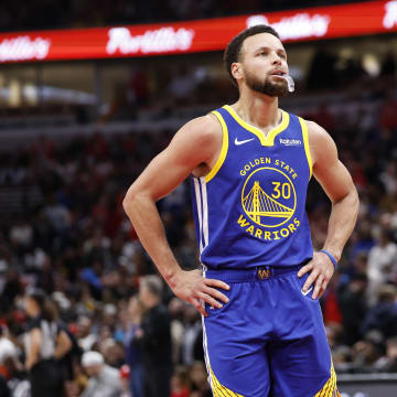 Jan 12, 2024; Chicago, Illinois, USA; Golden State Warriors guard Stephen Curry (30) reacts after a play during the second half against the Chicago Bulls at United Center. 