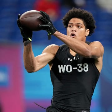 Mar 2, 2024; Indianapolis, IN, USA; Florida State wide receiver Johnny Wilson (WO38) during the 2024 NFL Combine at Lucas Oil Stadium. Mandatory Credit: Kirby Lee-USA TODAY Sports