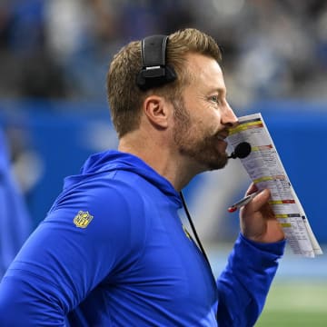 Jan 14, 2024; Detroit, Michigan, USA; Los Angeles Rams head coach Sean McVay during the second half of a 2024 NFC wild card game against the Detroit Lions at Ford Field. Mandatory Credit: Lon Horwedel-USA TODAY Sports
