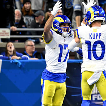 Jan 14, 2024; Detroit, Michigan, USA; Los Angeles Rams wide receiver Puka Nacua (17) celebrates with wide receiver Cooper Kupp (10) after a touchdown during the first half of a 2024 NFC wild card game against the Detroit Lions at Ford Field. Mandatory Credit: Lon Horwedel-Imagn Images