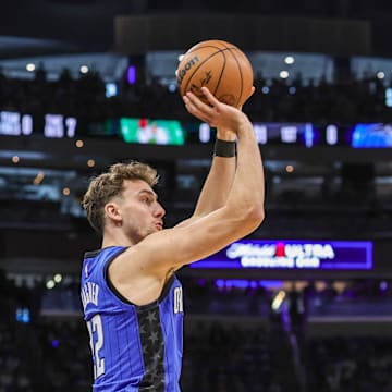 Orlando Magic forward Franz Wagner shoots a three point basket during the first quarter of game three.