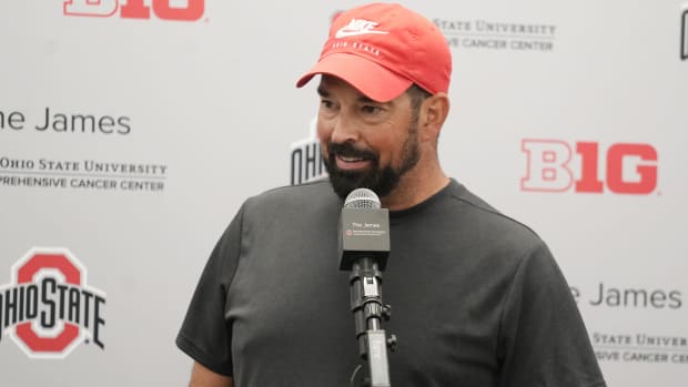 Ohio State University football team coach Ryan Day is all smiles after naming Will Howard as the starting quarterback.