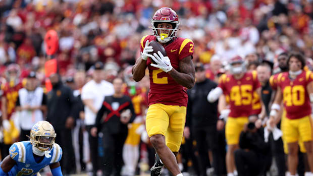 Nov 18, 2023; Los Angeles, California, USA; USC Trojans wide receiver Brenden Rice (2) catches a pass vs. UCLA.