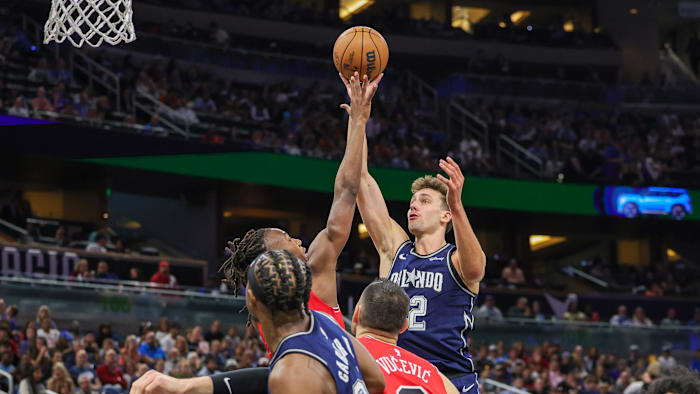 Apr 7, 2024; Orlando, Florida, USA; Orlando Magic forward Franz Wagner (22) goes to the basket