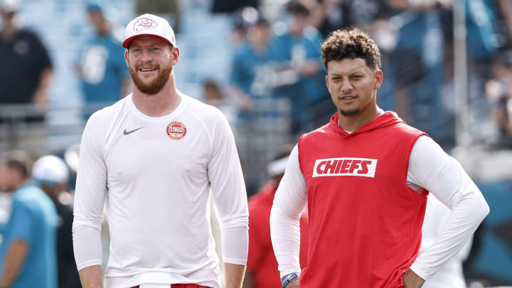 Patrick Mahomes stood next to his backup QB Carson Wentz before the team's first preseason game in Jacksonville on Saturday