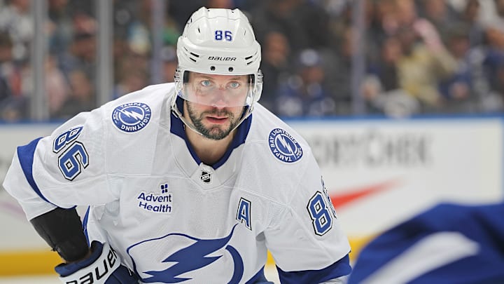 Nikita Kucherov gets ready for a faceoff against theToronto Maple Leafs