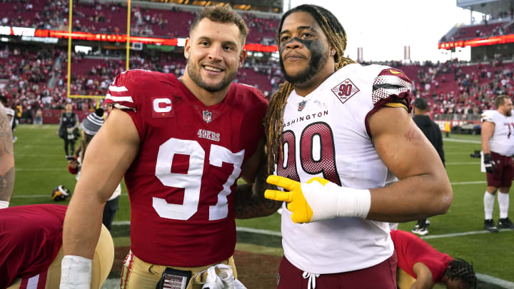 Washington Commanders edge Chase Young (R) and San Francisco 49ers edge Nick Bosa (L)