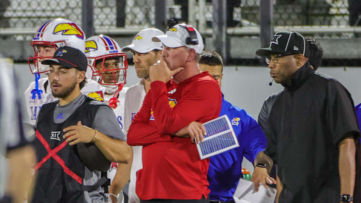 Oct 4, 2025; Orlando, Florida, USA; Kansas Jayhawks head coach Lance Leipold looks on during the second quarter against the UCF Knights at FBC Mortgage Stadium. Mandatory Credit: Mike Watters-Imagn Images