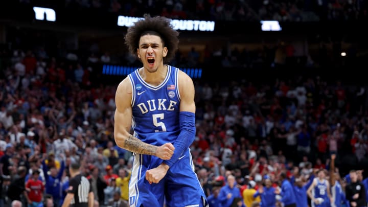 Mar 29, 2024; Dallas, TX, USA; Duke basketball guard Tyrese Proctor (5) reacts after defeating the Houston Cougars 