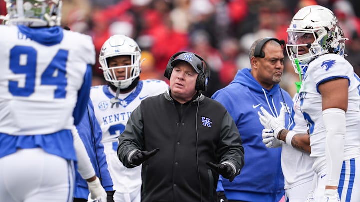 Kentucky Wildcats head coach Mark Stoops during a timeout with his team as the Cats played Louisville Saturday, November 29, 2025 in Louisville, Kentucky at L&N Federal Credit Union Stadium. The Cats fell to 5-7 with the 41-0 loss to the Cardinals; missing out on a bowl.
