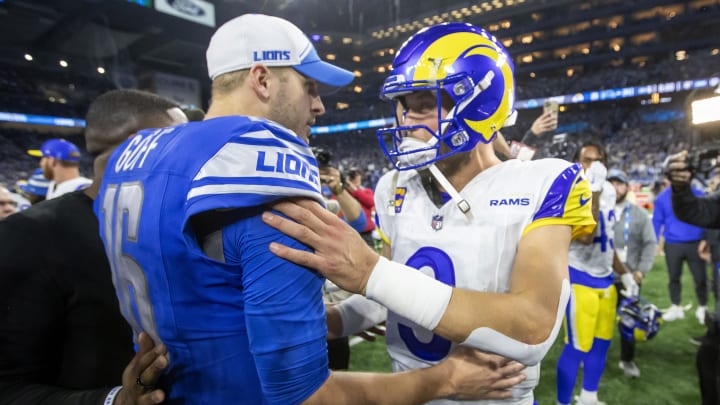 Jan 14, 2024; Detroit, Michigan, USA; Detroit Lions quarterback Jared Goff (16) and Los Angeles Rams quarterback Matthew Stafford (9) greet each other after a 2024 NFC wild card game at Ford Field. Mandatory Credit: David Reginek-USA TODAY Sports