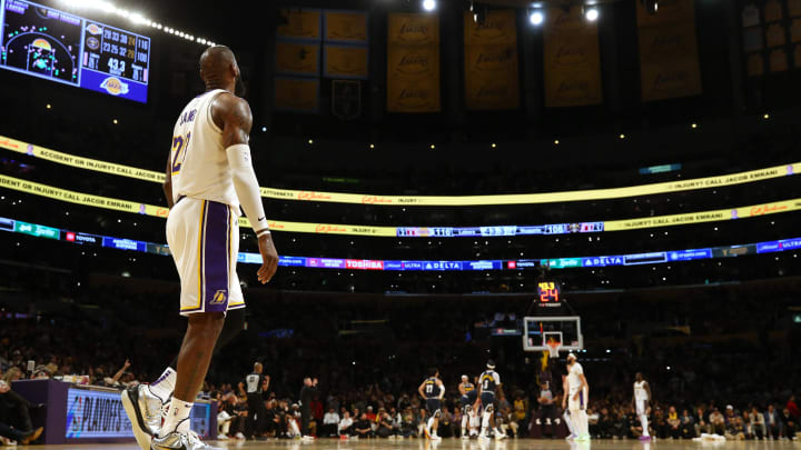 Apr 27, 2024; Los Angeles, California, USA; Los Angeles Lakers forward LeBron James (23) during the fourth quarter in game four of the first round for the 2024 NBA playoffs against the Denver Nuggets at Crypto.com Arena. Mandatory Credit: Jason Parkhurst-USA TODAY Sports