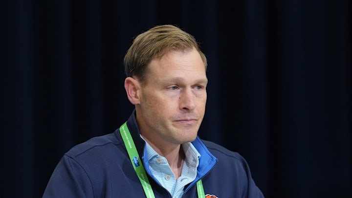 Feb 24, 2026; Indianapolis, IN, USA; Chicago Bears coach Ben Johnson speaks at the NFL Scouting Combine at the Indiana Convention Center. Mandatory Credit: Kirby Lee-Imagn Images