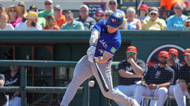 Feb 27, 2024; Lakeland, Florida, USA; Toronto Blue Jays right fielder Alan Roden (87) bats during the second inning against the Detroit Tigers at Publix Field at Joker Marchant Stadium. Mandatory Credit: Mike Watters-Imagn Images