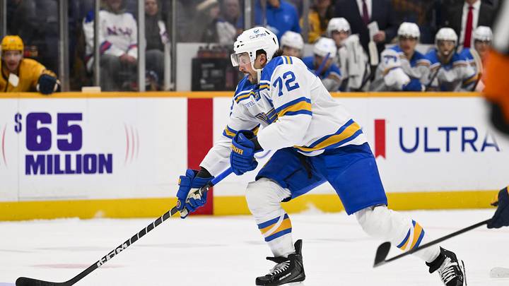 Feb 2, 2026; Nashville, Tennessee, USA;  St. Louis Blues defenseman Justin Faulk (72) skates with the puck against the Nashville Predators during the first period at Bridgestone Arena. Mandatory Credit: Steve Roberts-Imagn Images