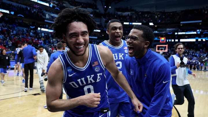 Mar 29, 2024; Dallas, TX, USA; Duke Blue Devils guard Jared McCain (0) celebrates after defeating the Houston Cougars in the semifinals of the South Regional of the 2024 NCAA Tournament at American Airlines Center. Mandatory Credit: Kevin Jairaj-USA TODAY Sports 