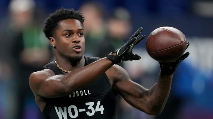 Wide receiver Tahj Washington (WO34) during the 2024 NFL Combine at Lucas Oil Stadium. in Indianapolis.