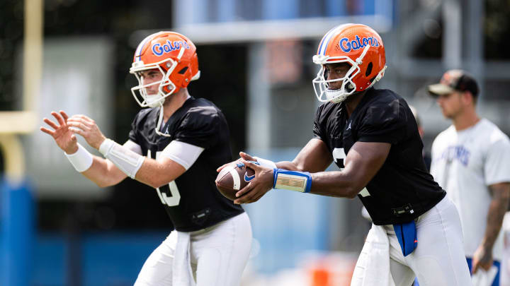 Florida Gators quarterback Graham Mertz (left) is embracing his role as the elder statesmen as he looks to build on 2023. 