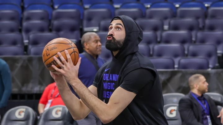 Mar 21, 2024; Orlando, Florida, USA; Orlando Magic center Goga Bitadze (35) warms up before the game against the New Orleans Pelicans at KIA Center. Mandatory Credit: Mike Watters-USA TODAY Sports