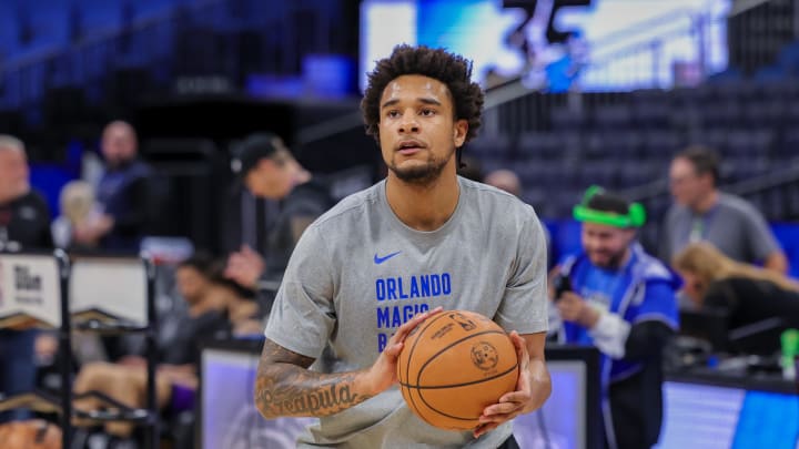 Mar 23, 2024; Orlando, Florida, USA; Orlando Magic forward Chuma Okeke (3) warms up before the game against Sacramento Kings the at KIA Center. Mandatory Credit: Mike Watters-USA TODAY Sports