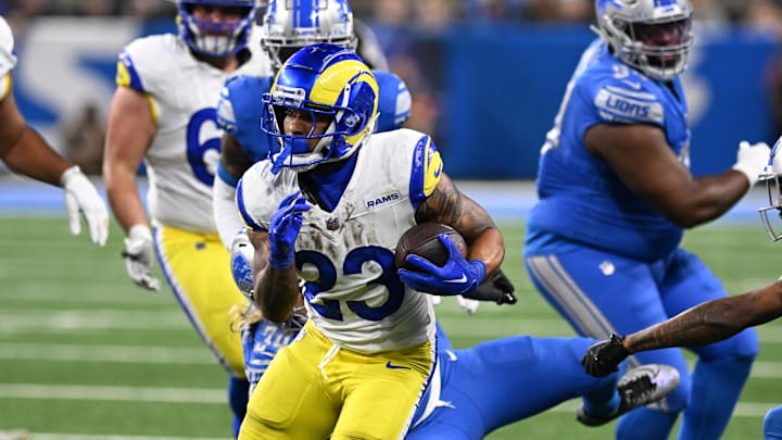 Jan 14, 2024; Detroit, Michigan, USA; Los Angeles Rams running back Kyren Williams (23) runs during the second half of a 2024 NFC wild card game against the Detroit Lions at Ford Field. Mandatory Credit: Lon Horwedel-Imagn Images