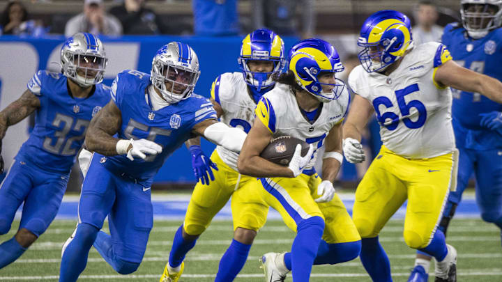 Los Angeles Rams wide receiver Puka Nacua (17) runs against Detroit Lions linebacker Derrick Barnes (55).