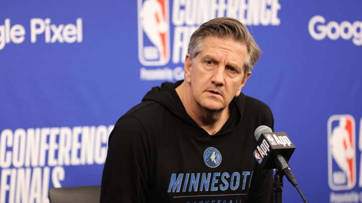 May 30, 2024; Minneapolis, Minnesota, USA; Minnesota Timberwolves head coach Chris Finch at a press conference before game five of the western conference finals for the 2024 NBA playoffs against the Dallas Mavericks at Target Center.