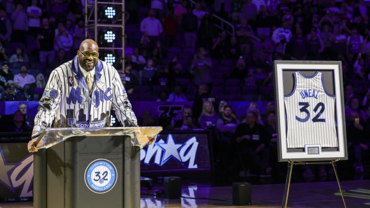 Feb 13, 2024; Orlando, Florida, USA;  Shaquille O'Neal during a post game ceremony where the Orlando Magic retired his #32 jersey at Amway Center. Mandatory Credit: Mike Watters-USA TODAY Sports