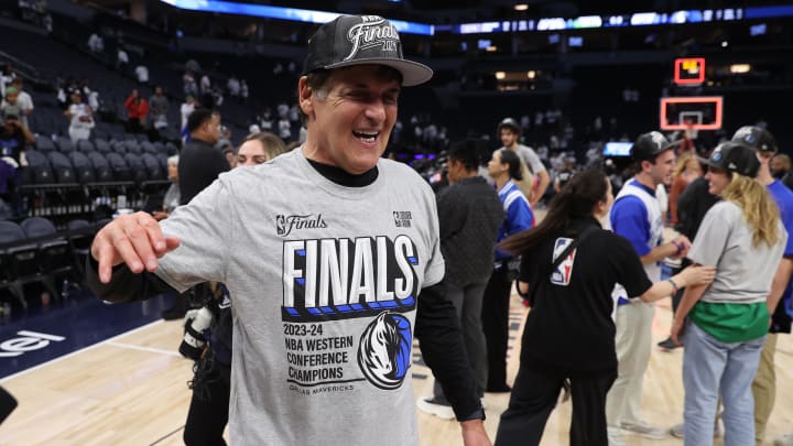 May 30, 2024; Minneapolis, Minnesota, USA; Dallas Mavericks minority owner Mark Cuban celebrates after winning the Western Confrerence Championship against the Minnesota Timberwolves in game five of the western conference finals for the 2024 NBA playoffs at Target Center. Mandatory Credit: Jesse Johnson-USA TODAY Sports