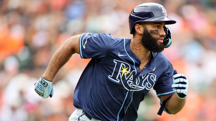 Jun 2, 2024; Baltimore, Maryland, USA; Tampa Bay Rays outfielder Amed Rosario (10) runs during the eighth inning against the Baltimore Orioles at Oriole Park at Camden Yards. 