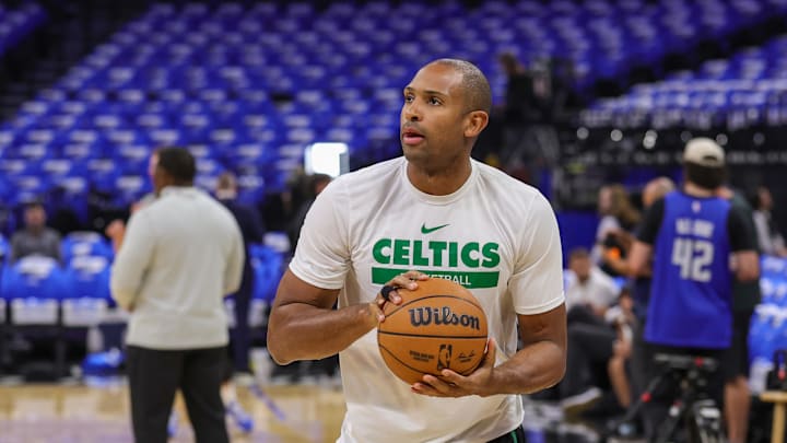 Apr 25, 2025; Orlando, Florida, USA; Boston Celtics center Al Horford (42) warms up before game three of first round for the 2024 NBA Playoffs against the Orlando Magic at Kia Center. Mandatory Credit: Mike Watters-Imagn Images