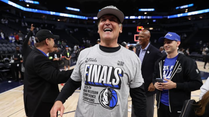 May 30, 2024; Minneapolis, Minnesota, USA; Dallas Mavericks minority owner Mark Cuban celebrates after winning the Western Confrerence Championship against the Minnesota Timberwolves in game five of the western conference finals for the 2024 NBA playoffs at Target Center. Mandatory Credit: Jesse Johnson-USA TODAY Sports