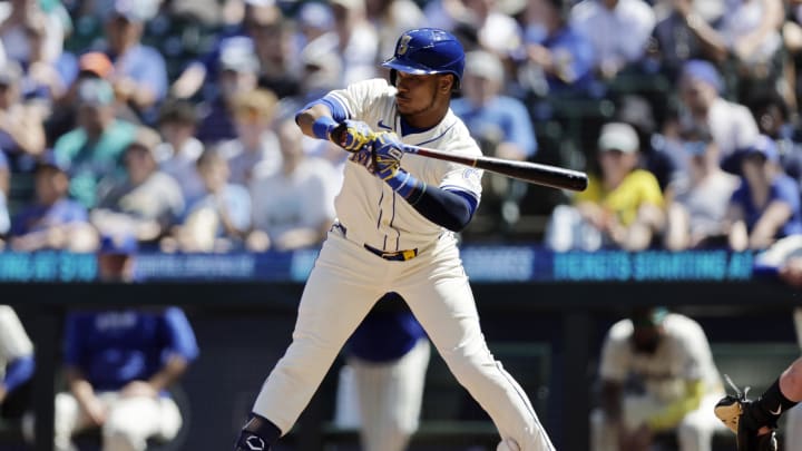 Seattle Mariners second baseman Jorge Polanco is hit by a pitch during the seventh inning against the Toronto Blue Jays on Sunday.