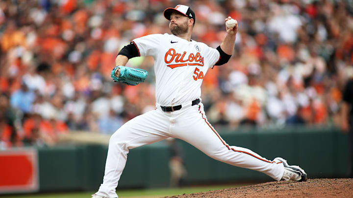 Jun 2, 2024; Baltimore, Maryland, USA; Baltimore Orioles pitcher Danny Coulombe (54) throws during the eighth inning against the Tampa Bay Rays at Oriole Park at Camden Yards. 