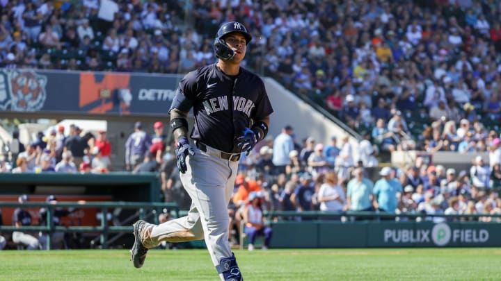 Feb 24, 2024; Lakeland, Florida, USA; New York Yankees second baseman Jorbit Vivas (90) runs to first after hitting a home run during the fourth inning against the Detroit Tigers at Publix Field at Joker Marchant Stadium. Mandatory Credit: Mike Watters-USA TODAY Sports