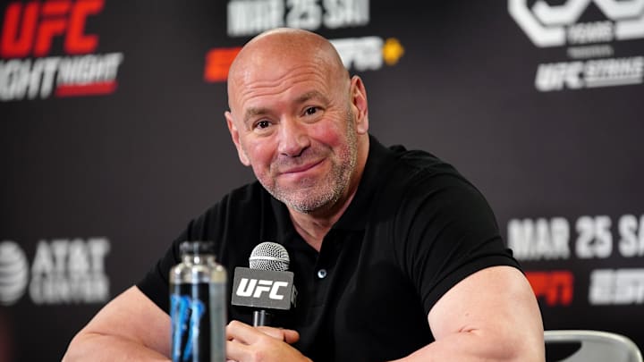 Mar 25, 2023; San Antonio, Texas, USA; UFC president Dana White at a press conference after UFC Fight Night at AT&T Center. Mandatory Credit: Aaron Meullion-Imagn Images Mar 25, 2023; San Antonio, Texas, USA; UFC president Dana White at a press conference after UFC Fight Night at AT&T Center. Mandatory Credit: Aaron Meullion-Imagn Images