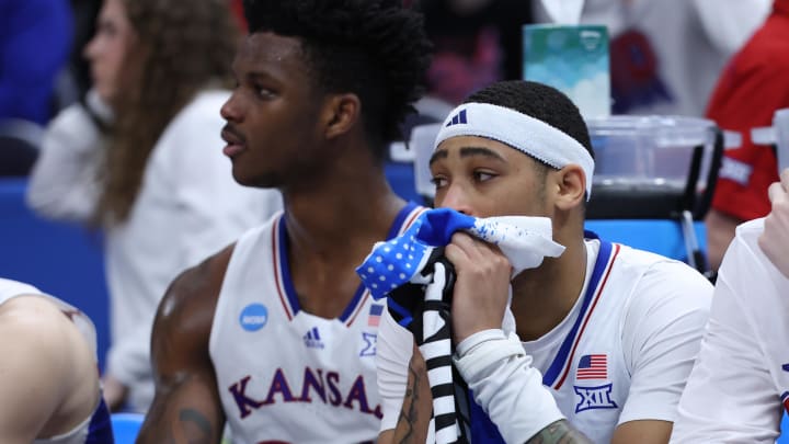 Mar 23, 2024; Salt Lake City, UT, USA; Kansas Jayhawks guard Dajuan Harris Jr. (3) during a loss to the Gonzaga Bulldogs in the second round of the 2024 NCAA Tournament at Vivint Smart Home Arena-Delta Center. Mandatory Credit: Rob Gray-USA TODAY Sports