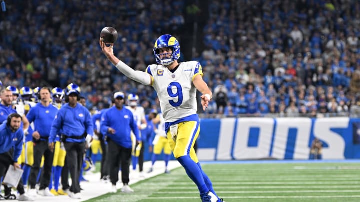 Jan 14, 2024; Detroit, Michigan, USA; Los Angeles Rams quarterback Matthew Stafford (9) throws during the second half of a 2024 NFC wild card game against the Detroit Lions at Ford Field. Mandatory Credit: Lon Horwedel-USA TODAY Sports