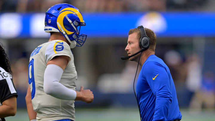 Sep 18, 2022; Inglewood, California, USA;  Los Angeles Rams quarterback Matthew Stafford (9) talks with head coach Sean McVay on the sidelines in the first half against the Atlanta Falcons at SoFi Stadium. Mandatory Credit: Jayne Kamin-Oncea-USA TODAY Sports