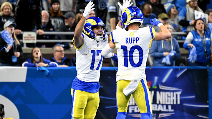 Jan 14, 2024; Detroit, Michigan, USA; Los Angeles Rams wide receiver Puka Nacua (17) celebrates with wide receiver Cooper Kupp (10) after a touchdown during the first half of a 2024 NFC wild card game against the Detroit Lions at Ford Field. Mandatory Credit: Lon Horwedel-Imagn Images