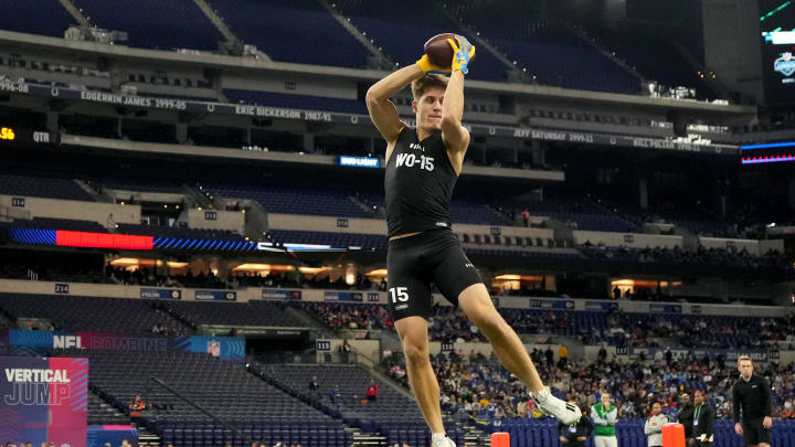Mar 2, 2024; Indianapolis, IN, USA; Rice wide receiver Luke McCaffrey (WO15) during the 2024 NFL Mar 2, 2024; Indianapolis, IN, USA; Rice wide receiver Luke McCaffrey (WO15) during the 2024 NFL